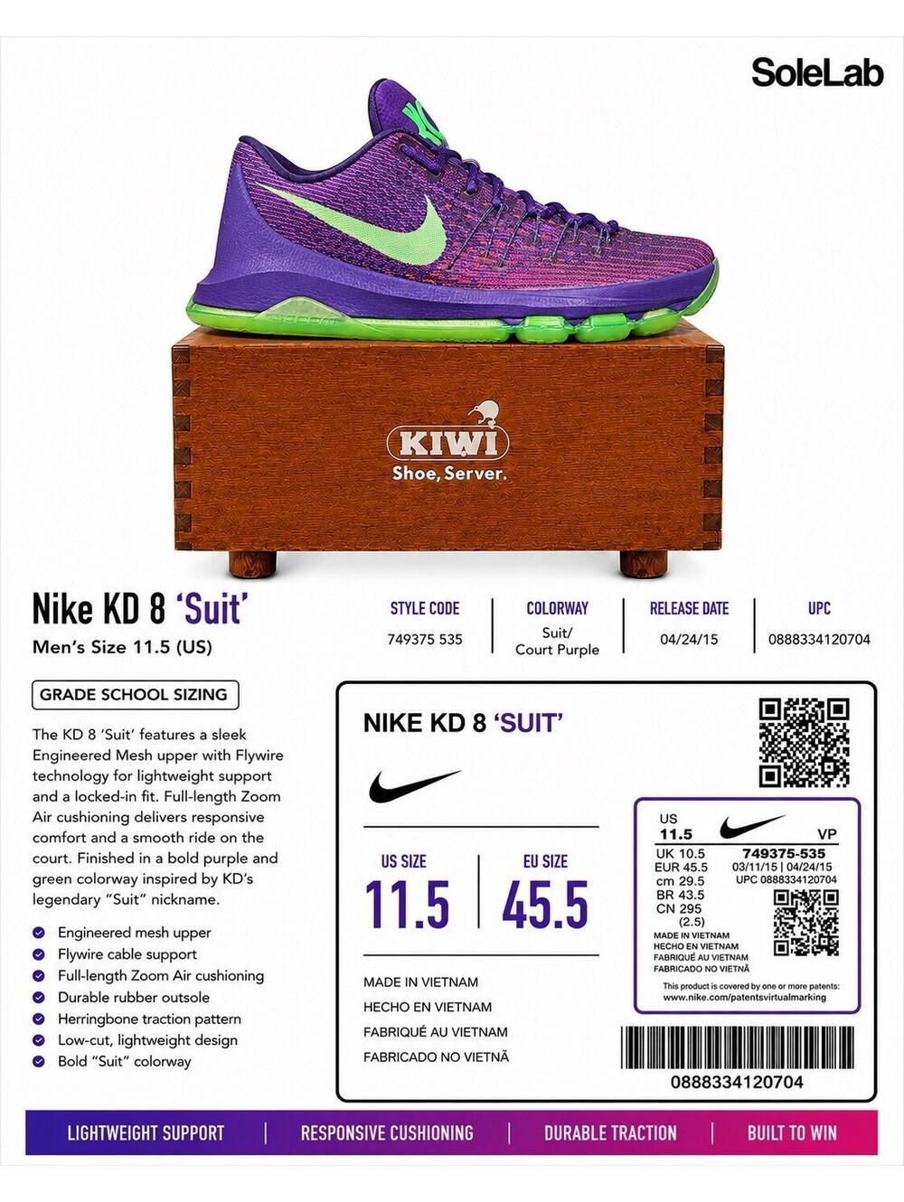 Nike KD 8 Suit 749375-535 Men’s Size 11.5 Court Purple Electric Green Shoes